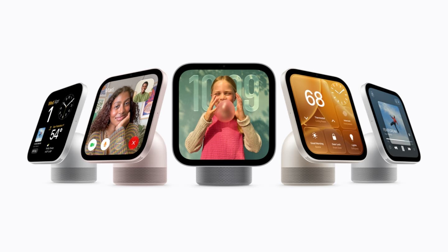Five Apple HomeView units in a row on a white background, each a square screen tilted back on a domed speaker base: a clock with the weather, a FaceTime call, a photo of a child blowing a bubble, a thermostat and lock control panel, and a music player.