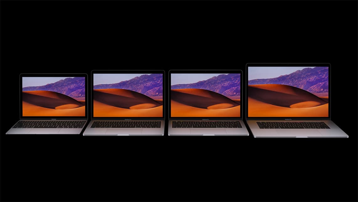 Four Apple notebooks open in a row on a black background, the smallest, a space gray 12-inch MacBook, at the left and a 15-inch MacBook Pro at the right, every screen showing the same orange sand dune under purple mountains.