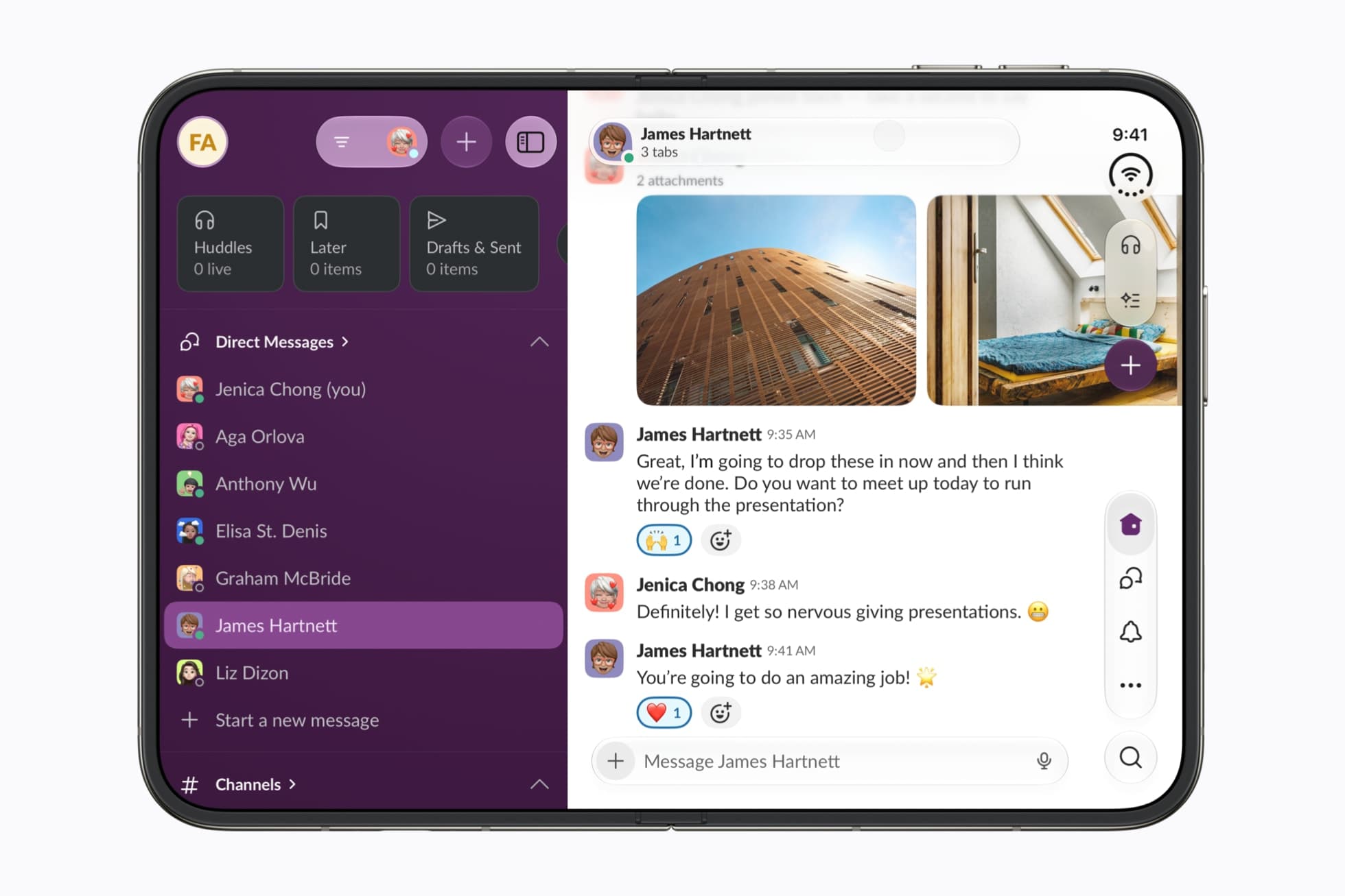 An open iPhone Duo held sideways, running Slack across its inner display: a purple sidebar of direct messages on the left half and a conversation with two photo attachments on the right, with Slack's navigation icons stacked vertically down the right edge.