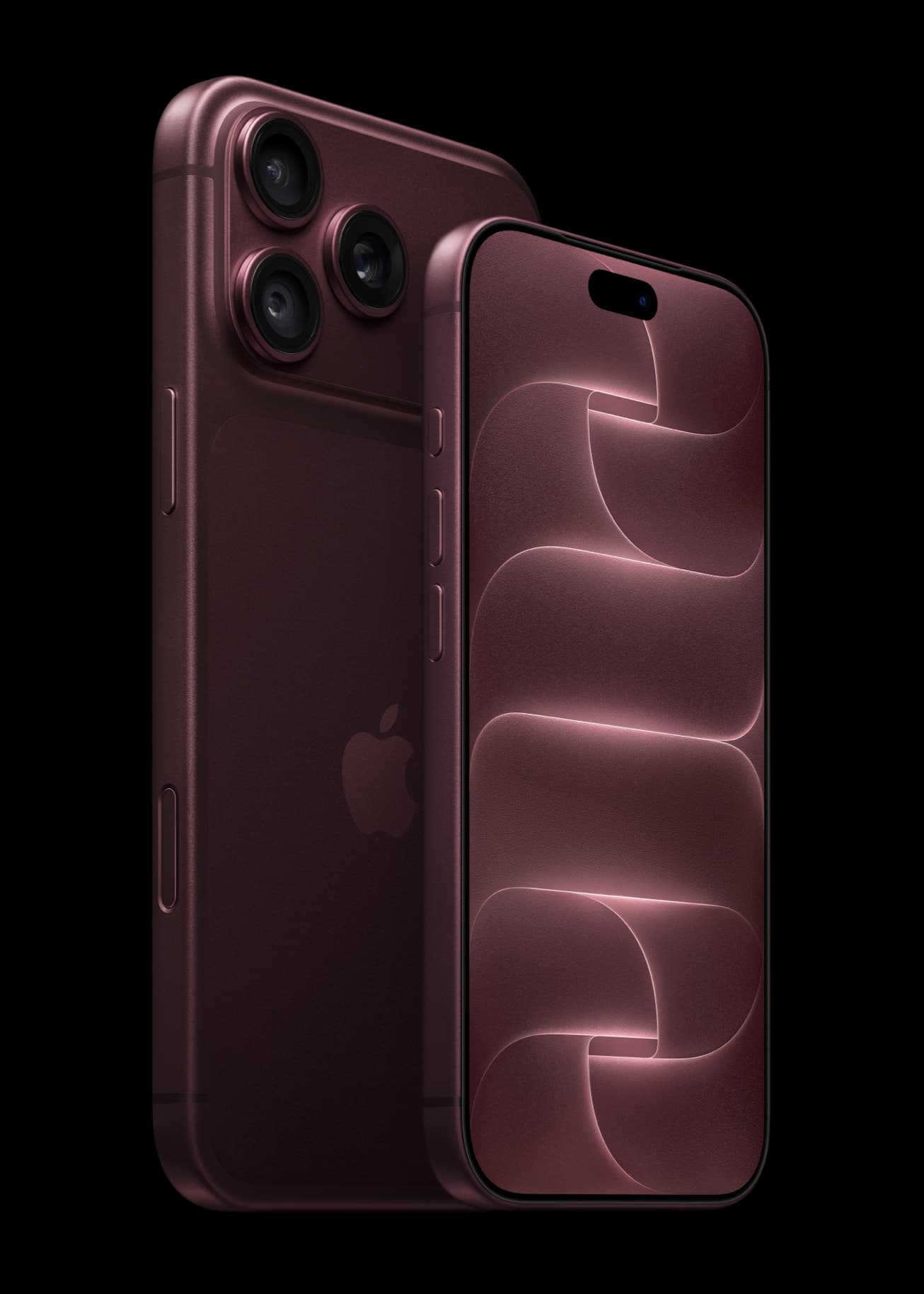 Two burgundy iPhones on a black background: the larger iPhone 18 Pro Max seen from the back with its three-lens camera plateau and Apple logo, and the smaller iPhone 18 Pro in front showing a swirling pink-and-maroon wallpaper beneath the Dynamic Island.