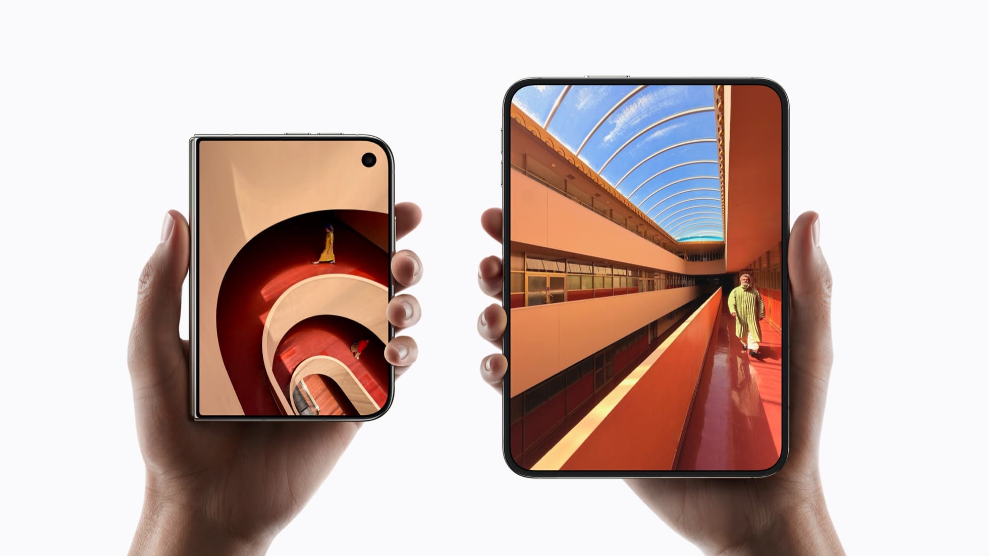 Side by side on white: a hand holds a closed iPhone Duo whose 5.4-inch outer screen shows a photo of a red spiral walkway, next to a hand holding the phone open to its 7.6-inch inner screen showing a sunlit orange corridor under an arched glass roof.