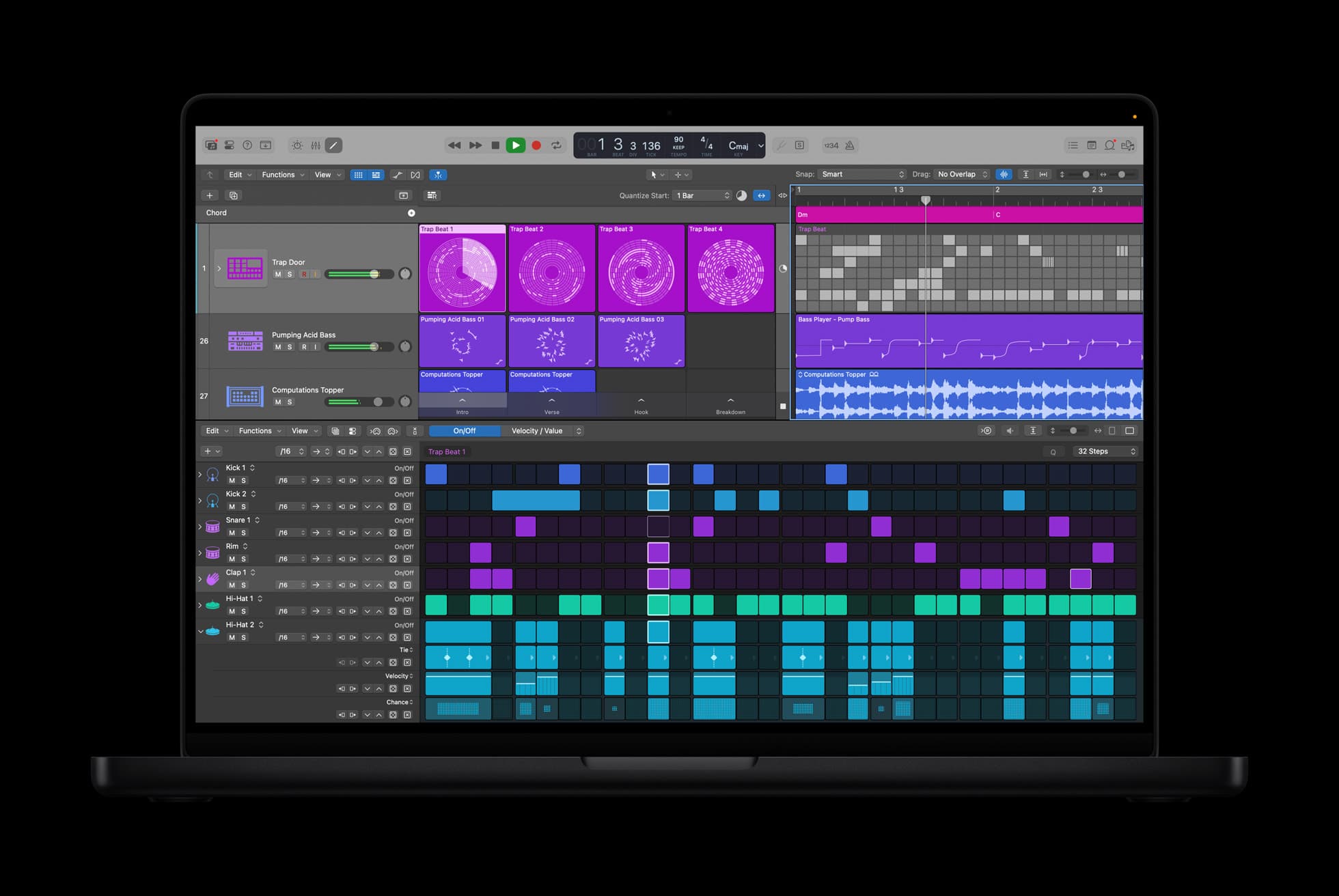 A black MacBook Pro seen head-on against a black background, its screen filled by Logic Pro: tracks named Trap Door, Pumping Acid Bass and Computations Topper beside a grid of purple loop cells labeled Trap Beat 1 to 4, a chord track reading Dm and C, and below them a step sequencer with rows for Kick, Snare, Rim, Clap and Hi-Hat lit in blue, purple and green.
