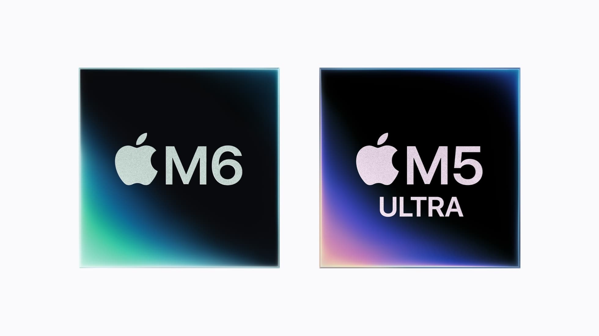 Two square chip badges side by side on a white background: a black square with an Apple logo and M6 in pale green, lit green and blue at its lower-left corner, and a black square with an Apple logo and M5 Ultra in pale pink, lit orange, pink and violet at its lower-left corner.