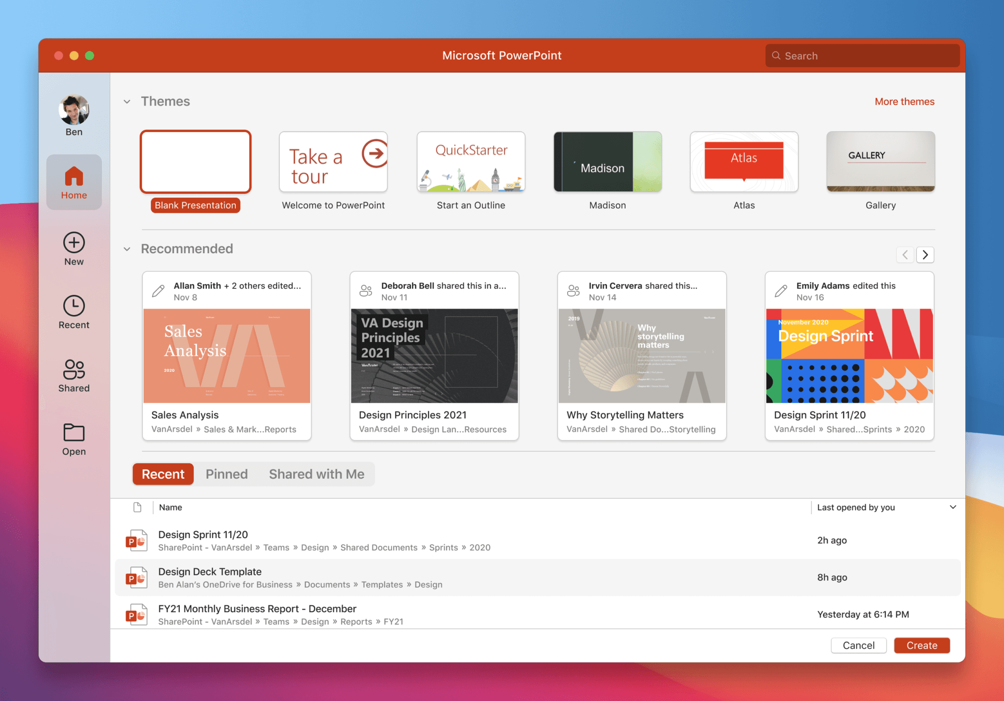 A Microsoft PowerPoint window on a Mac, floating over the blue, red and orange macOS Big Sur wallpaper: a red title bar with a search field, a sidebar with Home, New, Recent, Shared and Open, a row of themes from Blank Presentation to Gallery, four recommended presentations, a list of three recent files, and Cancel and Create buttons.