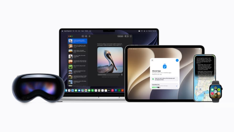 Five Apple devices in a row on a white background: an Apple Vision Pro headset at the left, an open MacBook showing Image Playground with a photo of a pelican, an iPad standing in front of it with an Allowed Apps dialog, an iPhone showing a Maps itinerary, and an Apple Watch with its app grid at the right.